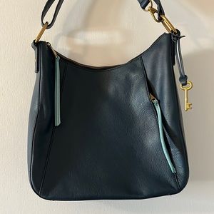 Fossil Navy Leather with Aqua accent Hobo Tote Bag